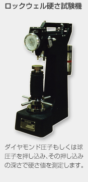 ロックウェル硬さ試験機：ダイヤモンド圧子もしくは球圧子を押し込み、その押し込みの深さで硬さ値を測定します。